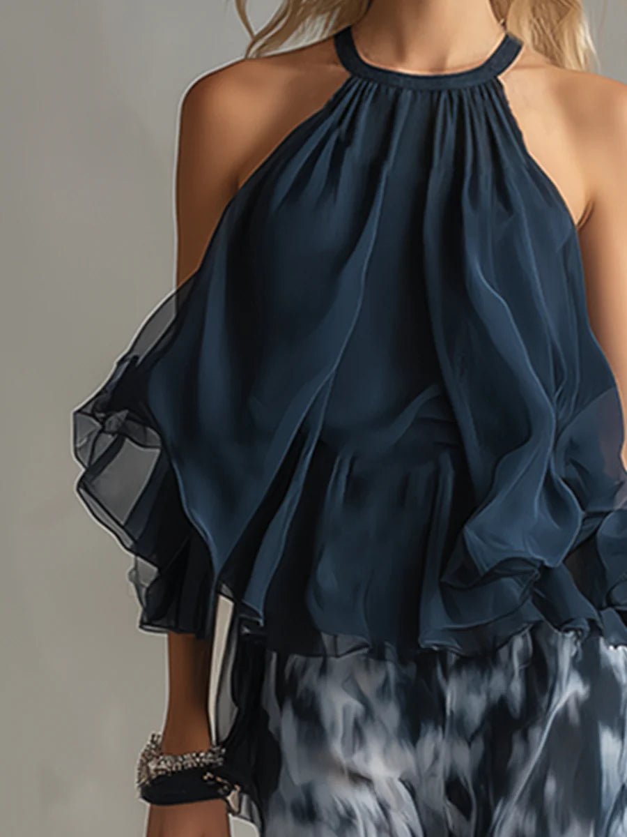 Marineblauwe Haltertop en Geprinte Wijde Broeken Chiffon Set - Bellanza