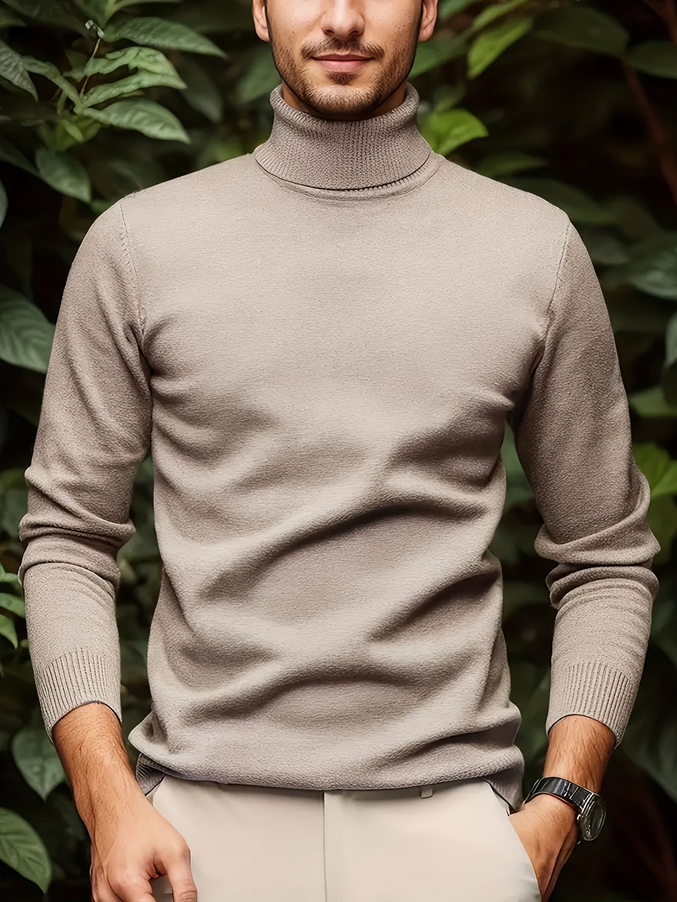 Men's Casual Solid Color Turtleneck Sweater - Soft Stretch Knit Long Sleeve Pullover for Fall Winter, Regular Fit Solid Color Versatile Top, Winter Comfort Clothing, Classic Collar Design, Comfortable Winter Wear - Bellanza