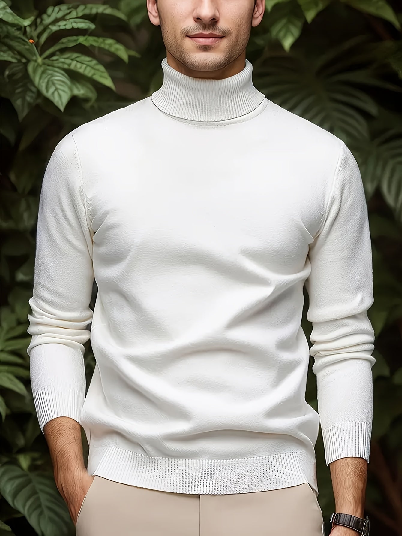 Men's Casual Solid Color Turtleneck Sweater - Soft Stretch Knit Long Sleeve Pullover for Fall Winter, Regular Fit Solid Color Versatile Top, Winter Comfort Clothing, Classic Collar Design, Comfortable Winter Wear - Bellanza