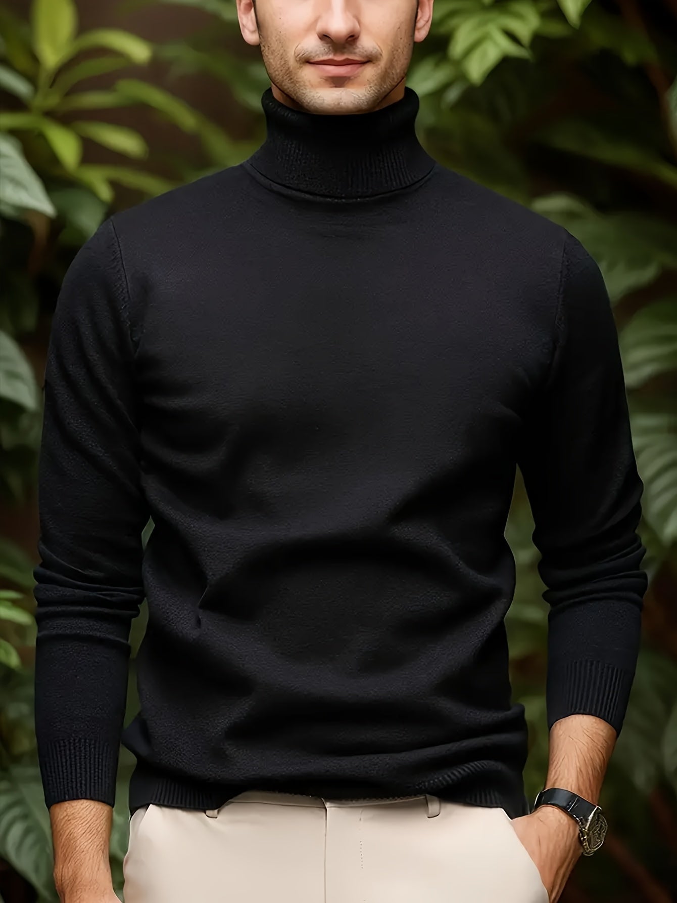 Men's Casual Solid Color Turtleneck Sweater - Soft Stretch Knit Long Sleeve Pullover for Fall Winter, Regular Fit Solid Color Versatile Top, Winter Comfort Clothing, Classic Collar Design, Comfortable Winter Wear - Bellanza