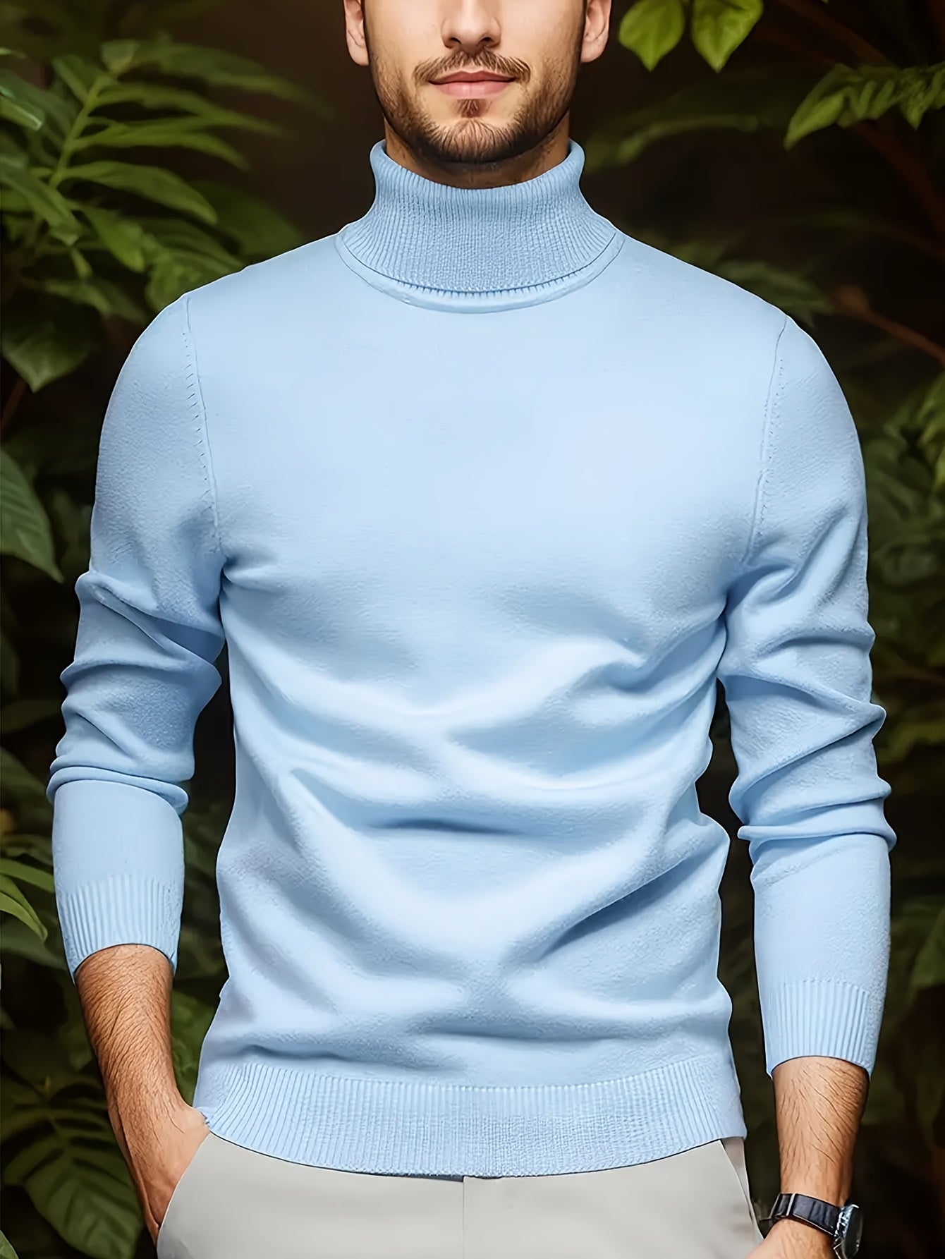Men's Casual Solid Color Turtleneck Sweater - Soft Stretch Knit Long Sleeve Pullover for Fall Winter, Regular Fit Solid Color Versatile Top, Winter Comfort Clothing, Classic Collar Design, Comfortable Winter Wear - Bellanza