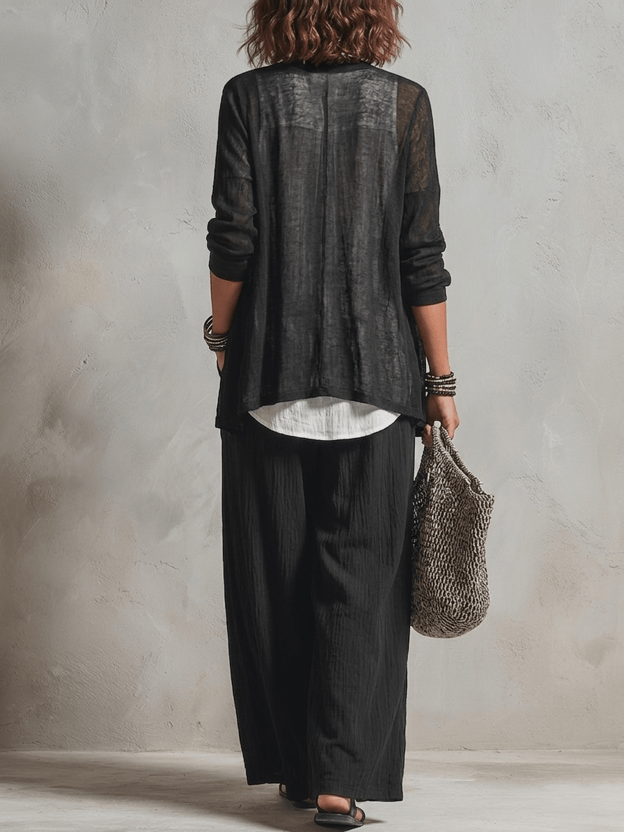 Minimalistische Laagjes Vest Cardigan En Wijde Broek Drie-delige Set - Bellanza