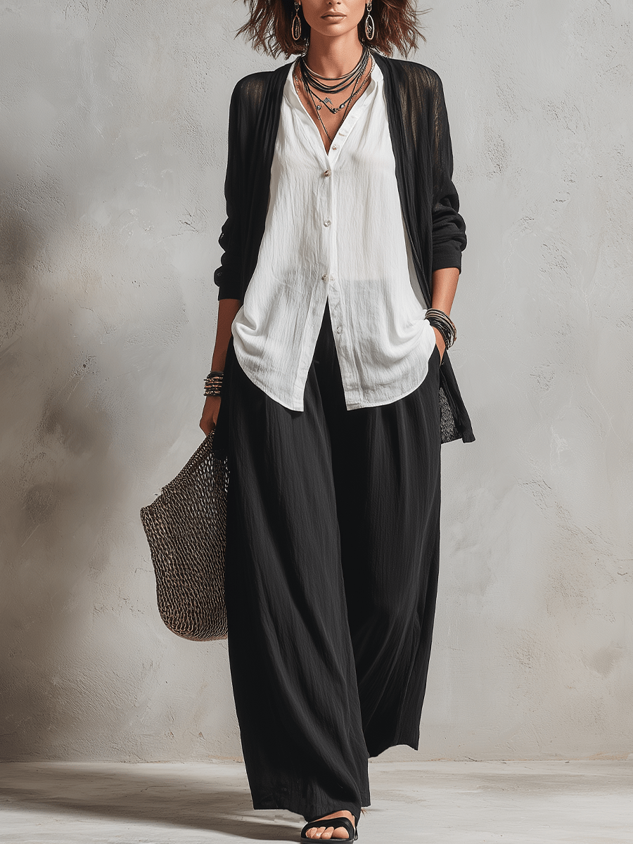 Minimalistische Laagjes Vest Cardigan En Wijde Broek Drie-delige Set - Bellanza
