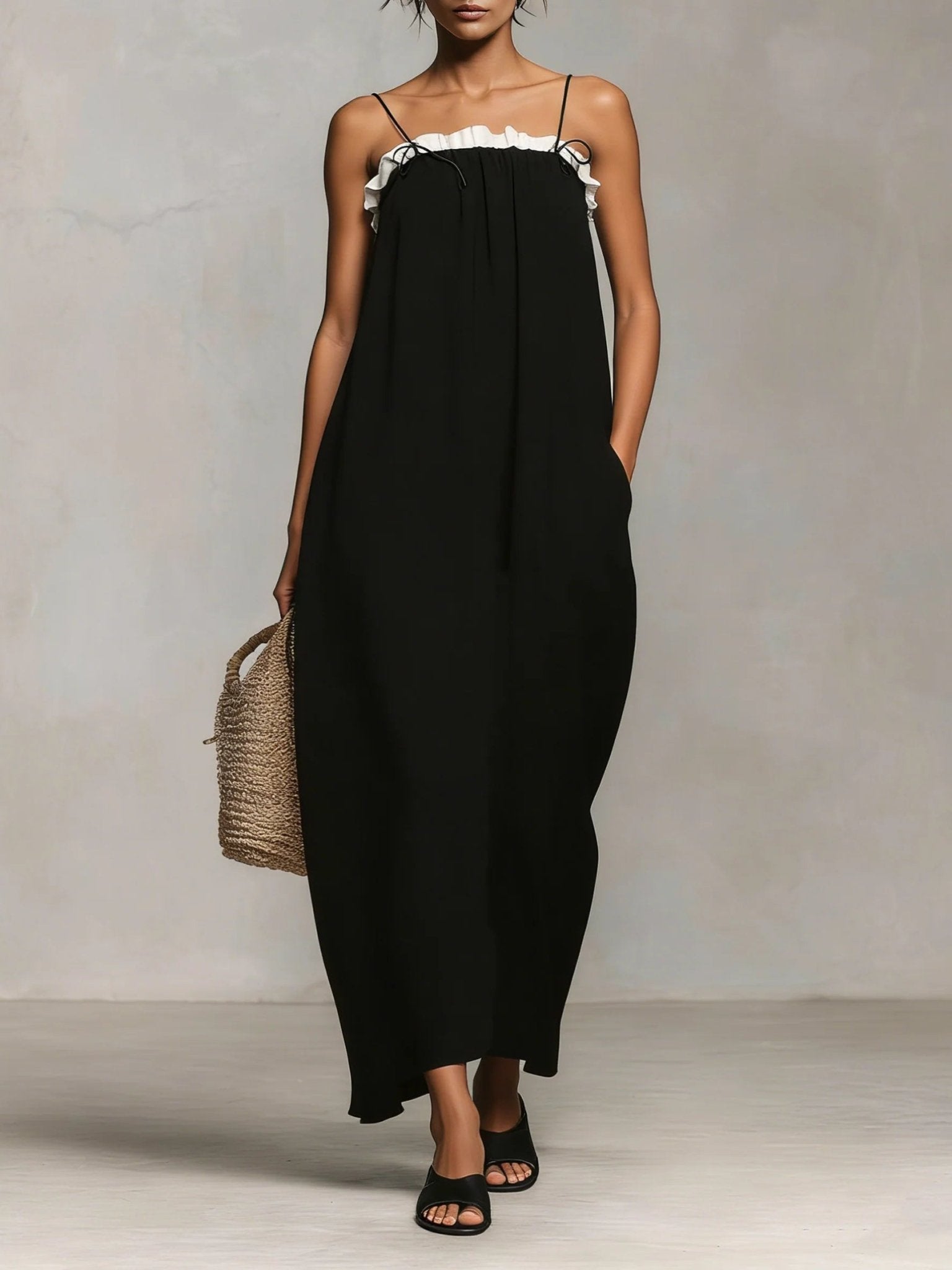 Mirelle™ | Maxi Jurk met Kleurblokken en Spaghetti Schouderbandjes - Bellanza