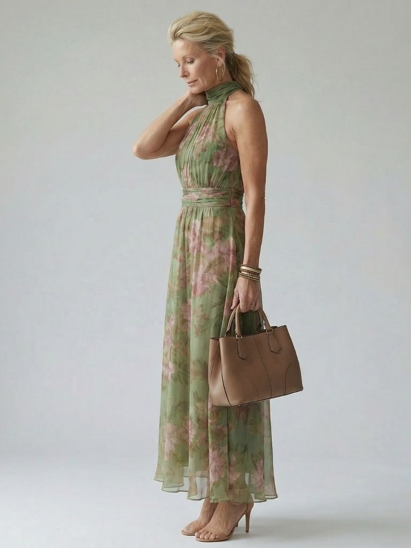 Mirelle | Midi Jurk met Halternek en Rimpeling - Bellanza