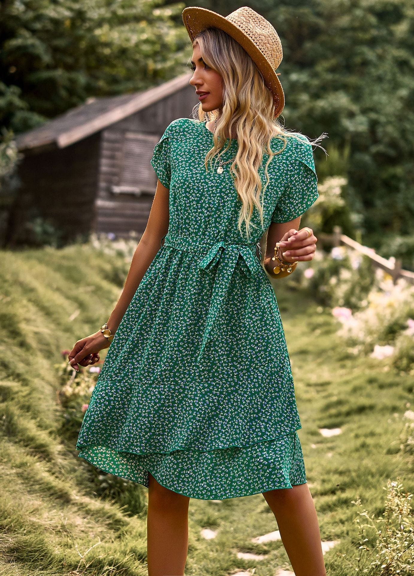 Nova™ - Korte Groene Bohemian Jurk Met Print - bellanza