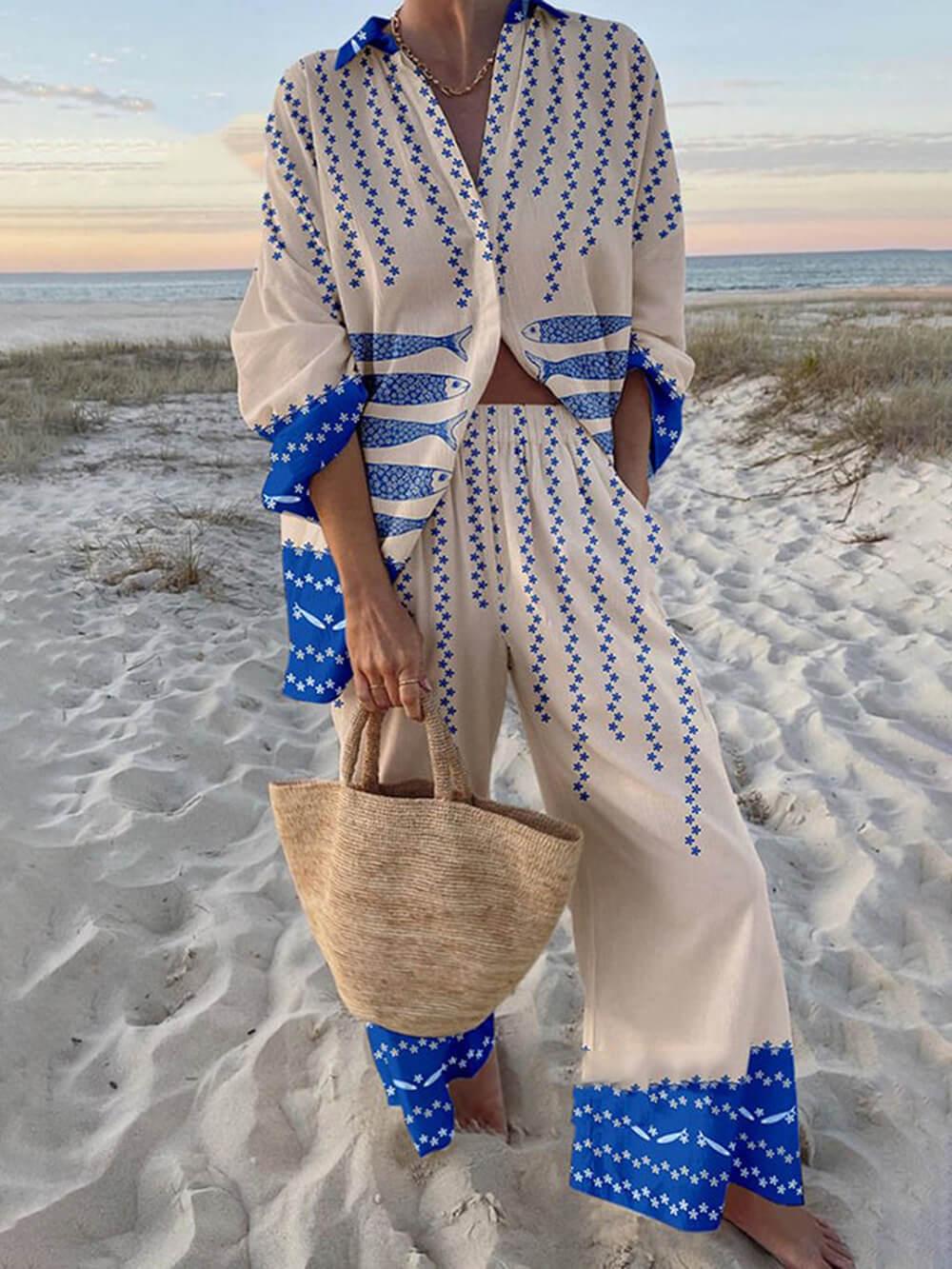 Ocean Print Oversized Shirt en Elastische Taille Pocket Broek Set - bellanza