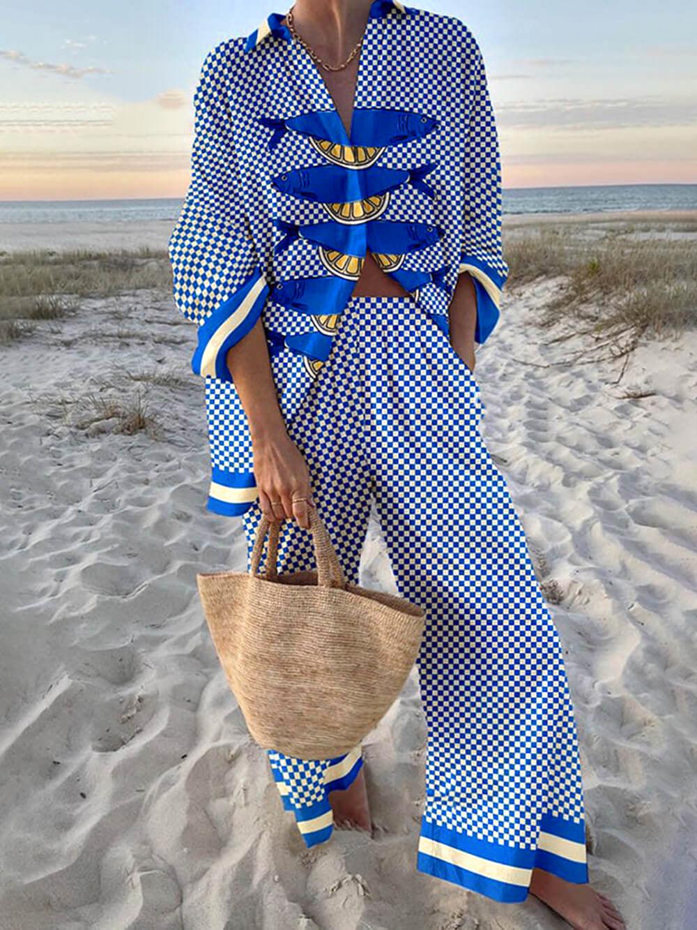 Ocean Print Oversized Shirt en Elastische Taille Pocket Broek Set - bellanza