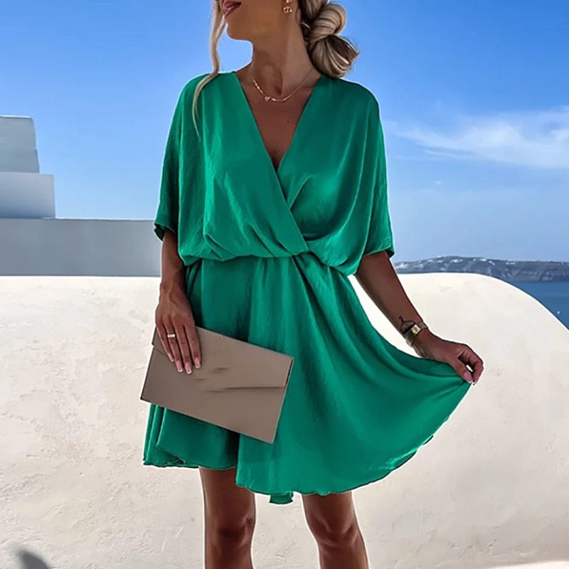 Oliana™ - Feestelijke Groene Boho Jurk Met V - hals - bellanza