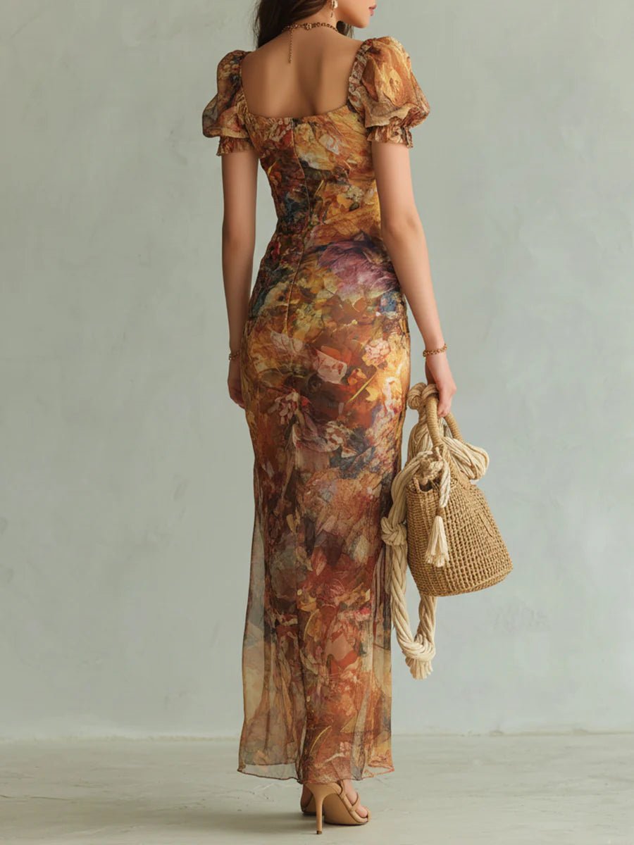 Oranje Bohemian Vakantie Olie Schilderij Print Chiffon Maxi Jurk - Bellanza