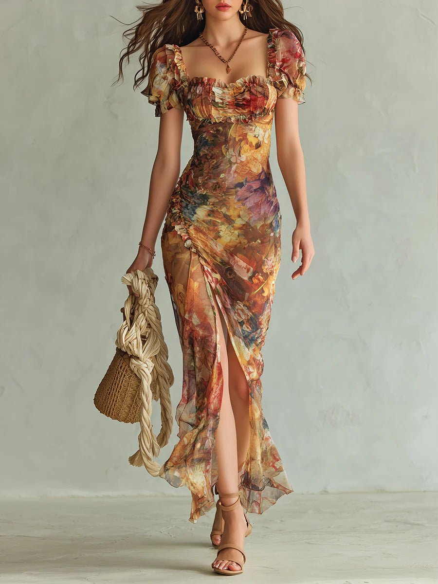 Oranje Bohemian Vakantie Olie Schilderij Print Chiffon Maxi Jurk - Bellanza