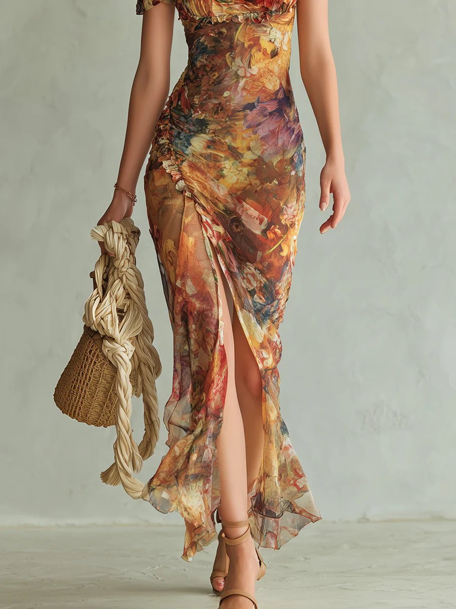 Oranje Bohemian Vakantie Olie Schilderij Print Chiffon Maxi Jurk - Bellanza
