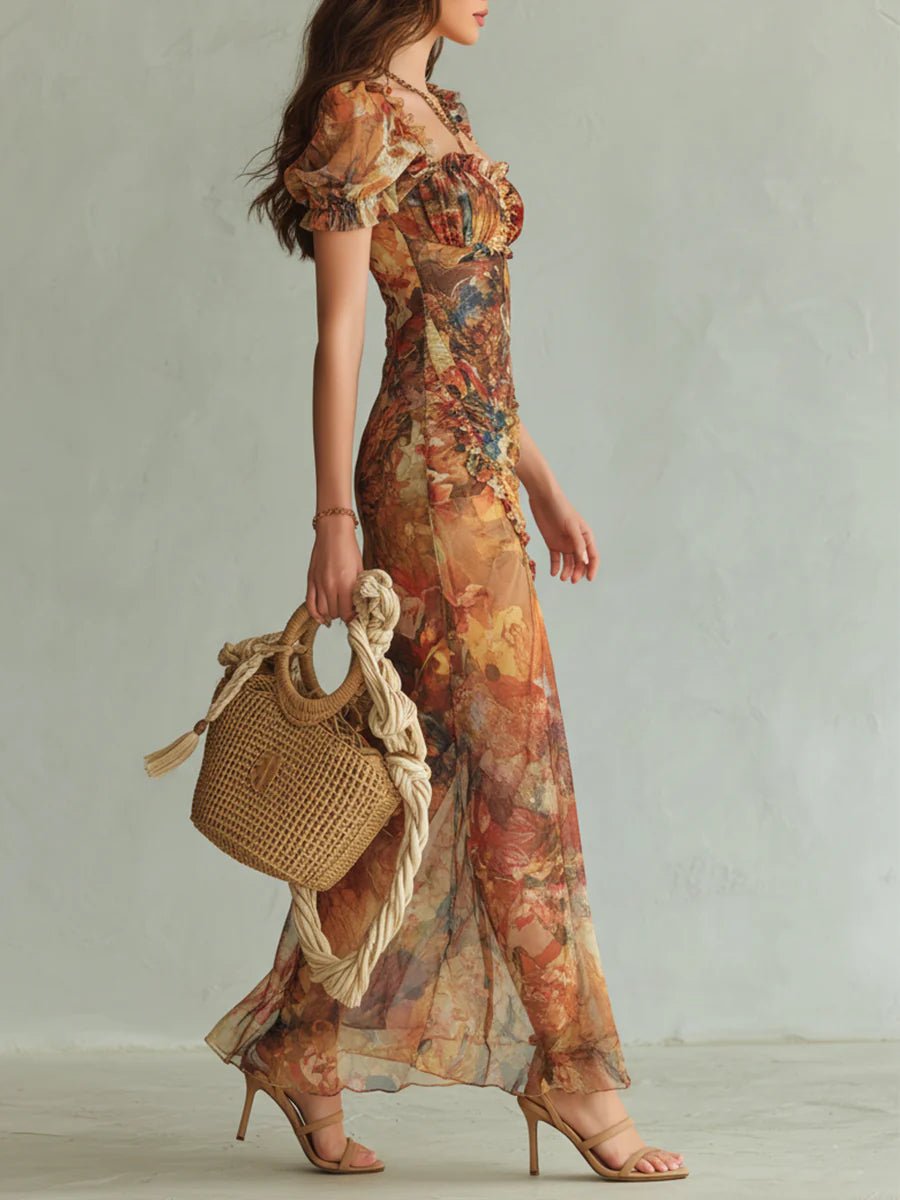 Oranje Bohemian Vakantie Olie Schilderij Print Chiffon Maxi Jurk - Bellanza