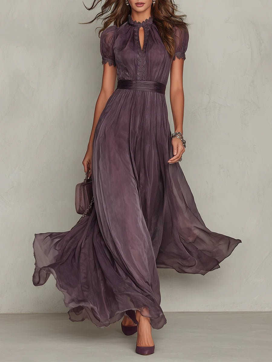 Paarse Sleutelgat Halslijn Chiffon Kant Trim Maxi Jurk - Bellanza