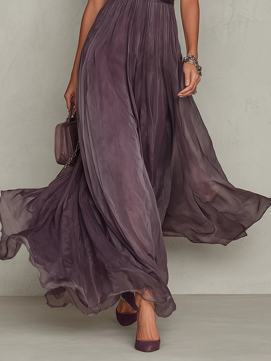 Paarse Sleutelgat Halslijn Chiffon Kant Trim Maxi Jurk - Bellanza