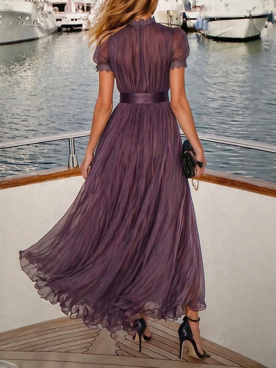 Paarse Sleutelgat Halslijn Chiffon Kant Trim Maxi Jurk - Bellanza