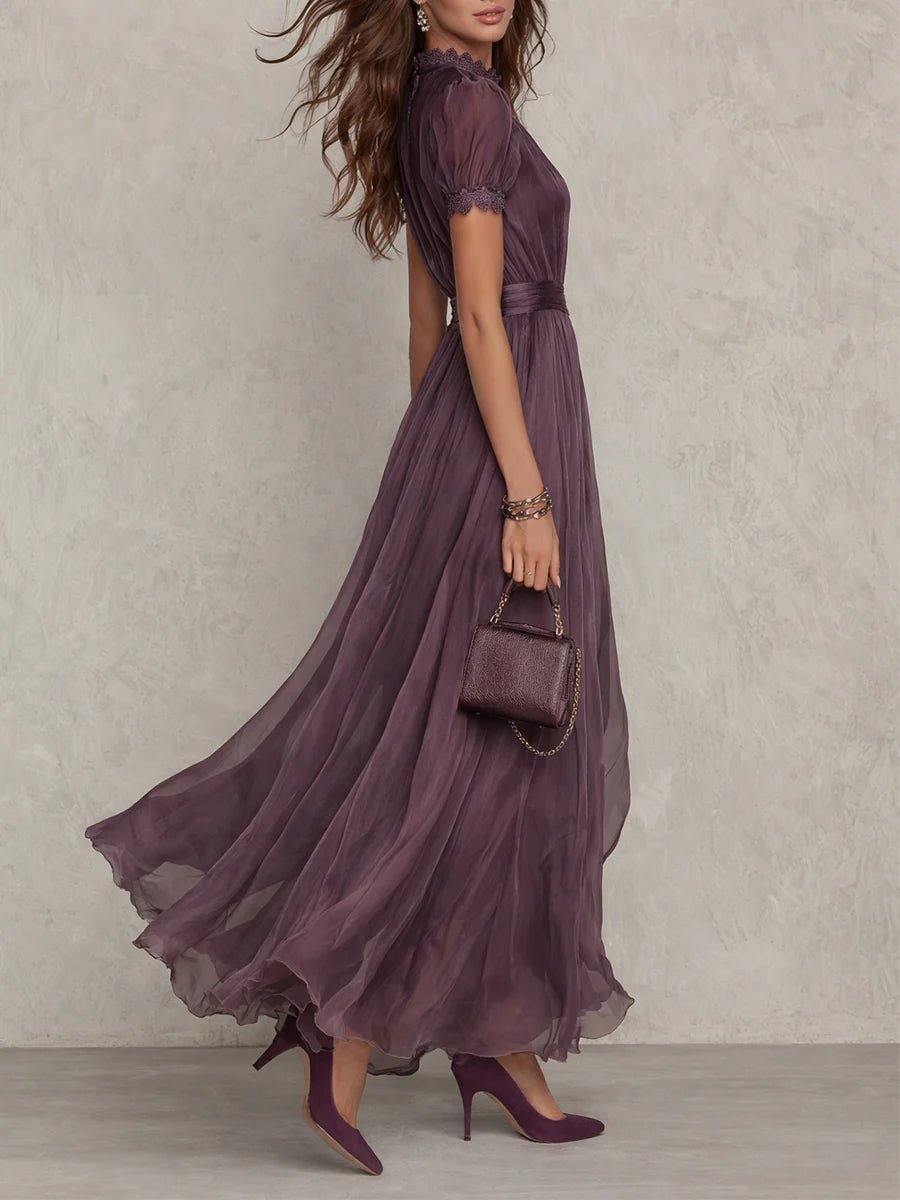 Paarse Sleutelgat Halslijn Chiffon Kant Trim Maxi Jurk - Bellanza