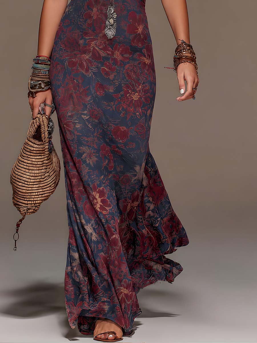 Retro Kant Halternek Bloemen Fishtail Maxi Jurk - Bellanza