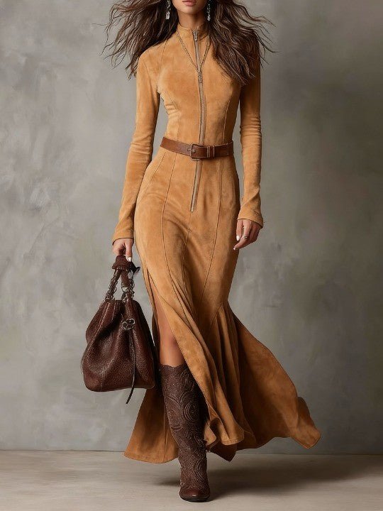 Rosan | Vintage suède maxi - jurk met rits en riem - Bellanza