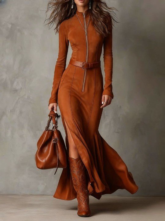 Rosan | Vintage suède maxi - jurk met rits en riem - Bellanza