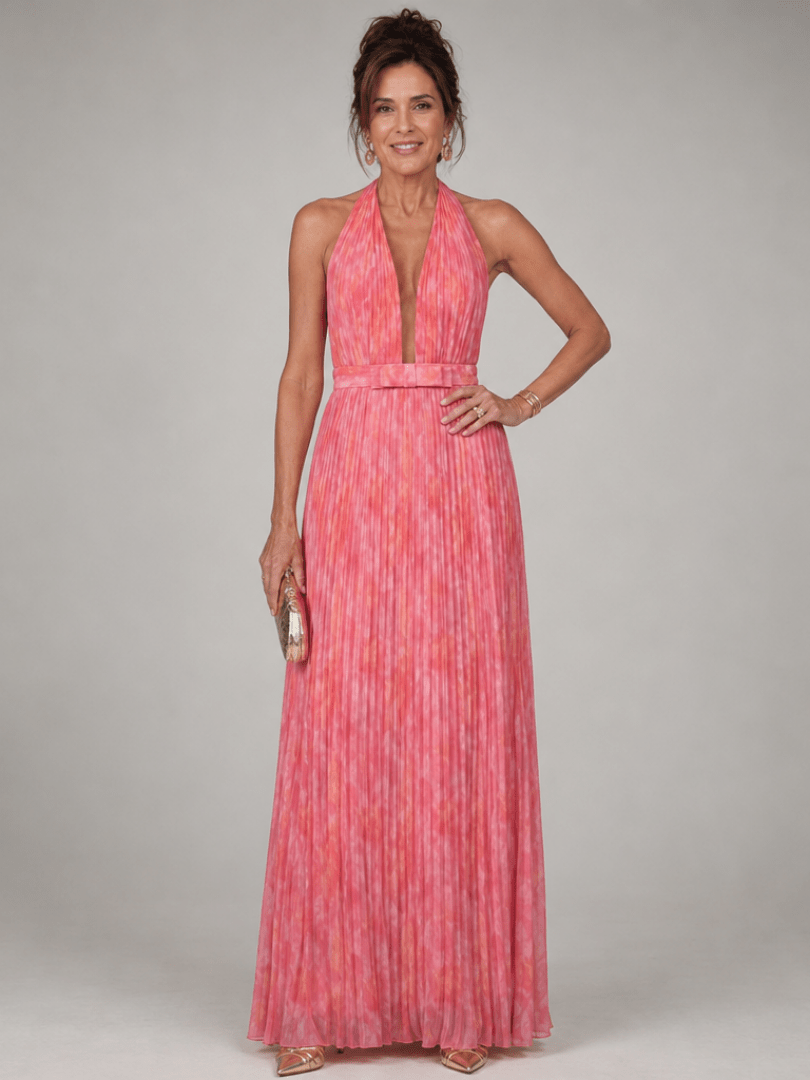 Rosel | Halter Nek Plisséd Maxi Jurk - Bellanza