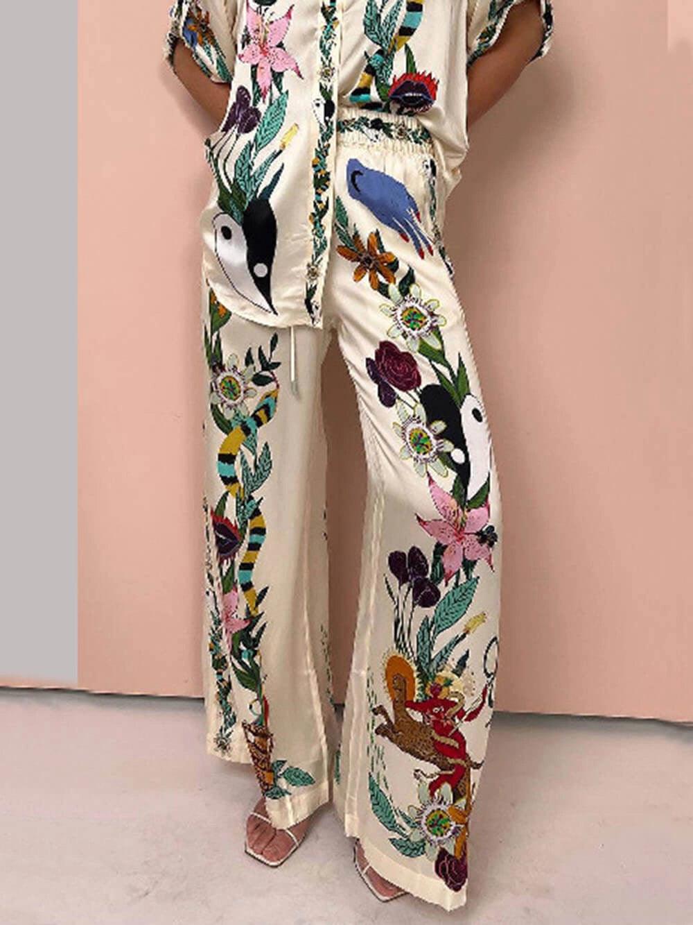 Satin unieke print blouse & broek set - bellanza