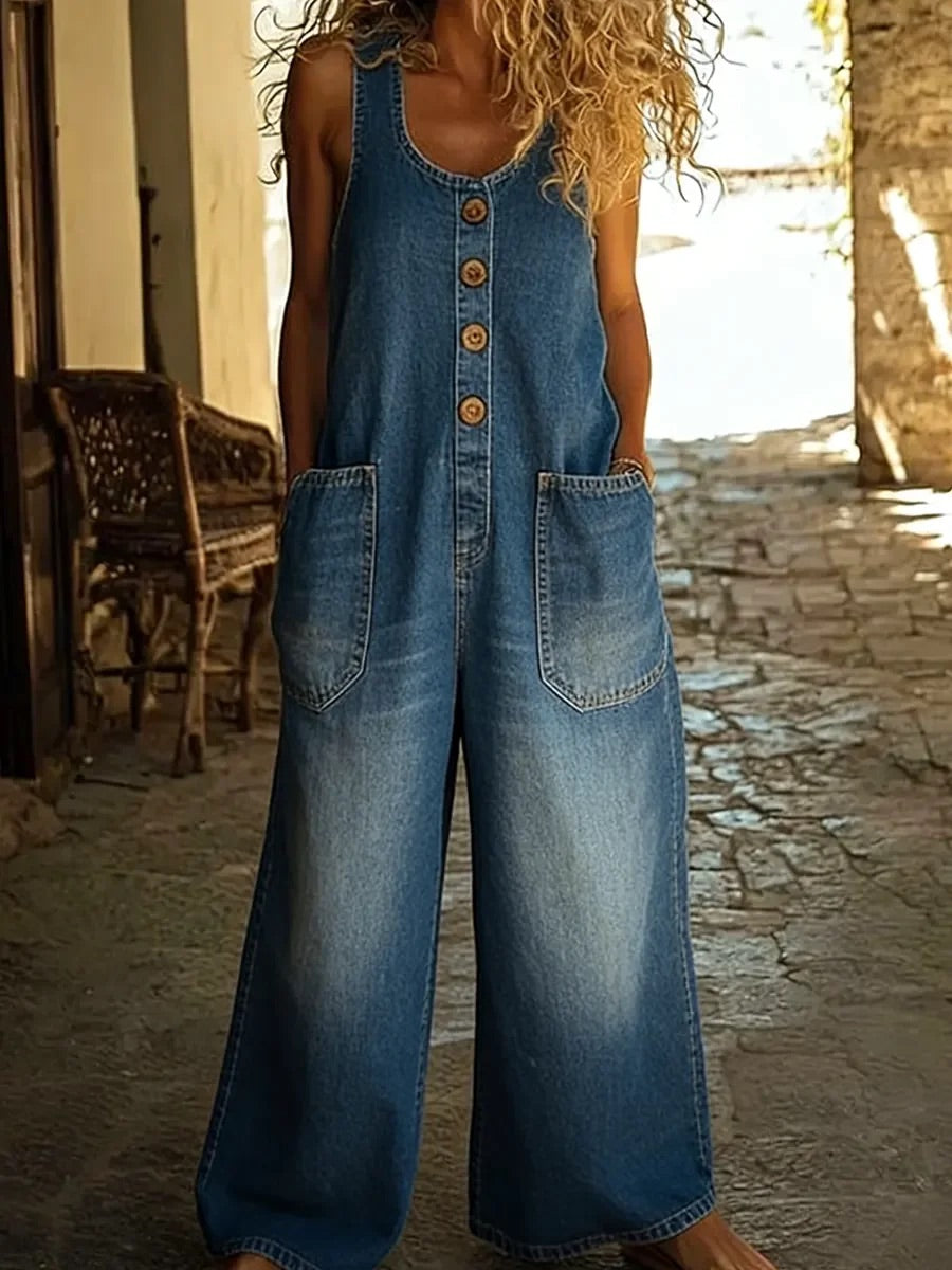 Valentina | Vintage gewassen katoenen denim salopette