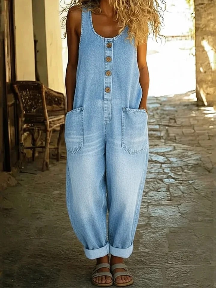 Valentina | Vintage gewassen katoenen denim salopette