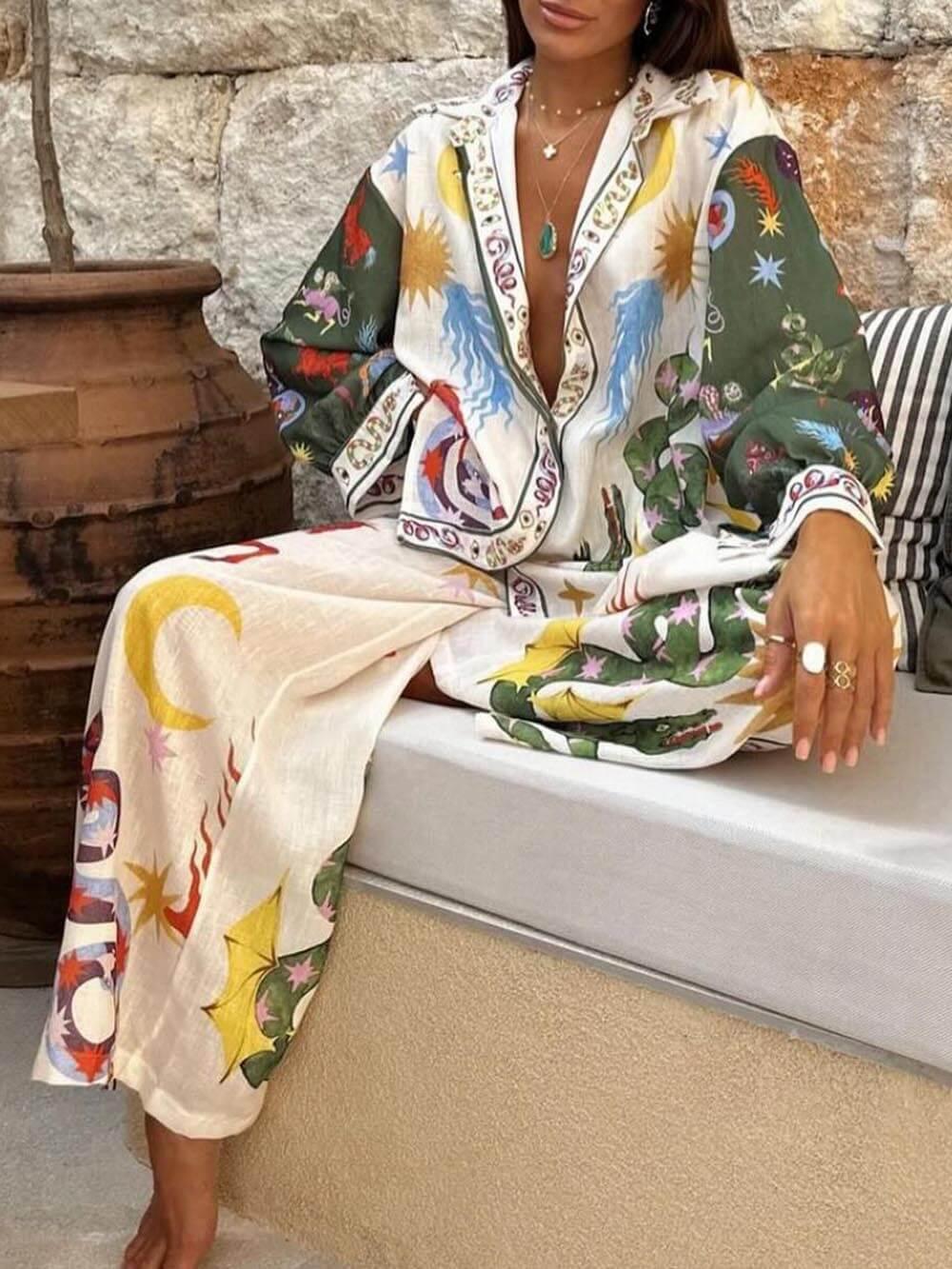 Schitterende Unieke Print Lange Mouwen Shirt En Elastische Taille Broek Set - bellanza