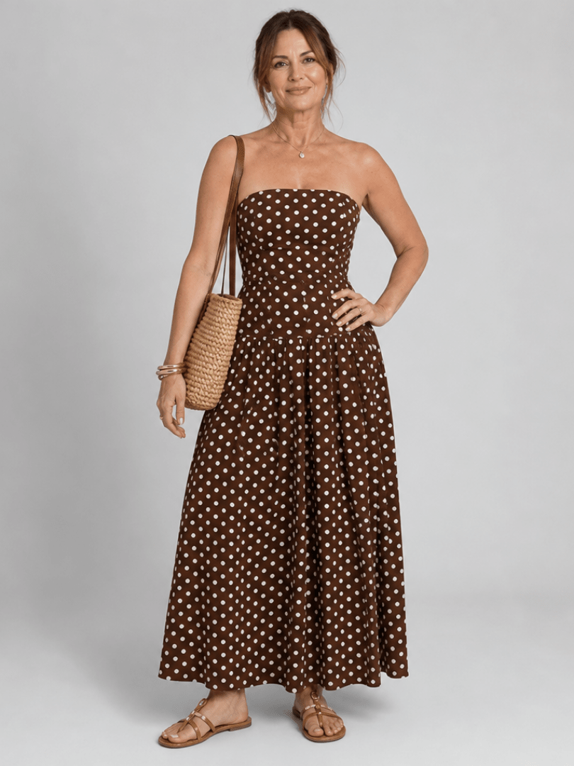Sorien | Strapless Polka Dot Pattern Midi Dress - Bellanza