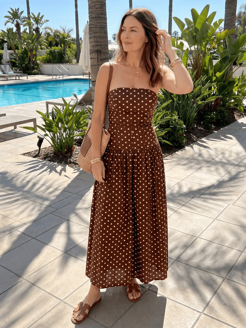 Sorien | Strapless Polka Dot Pattern Midi Dress - Bellanza