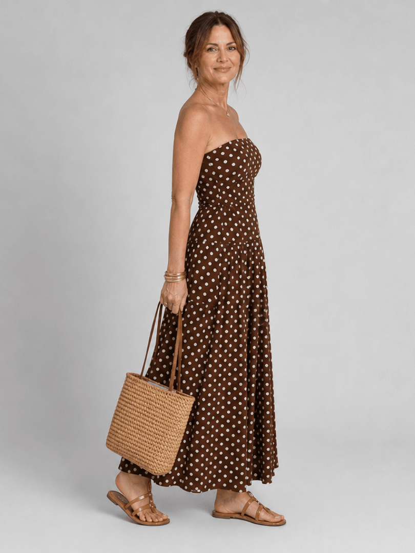 Sorien | Strapless Polka Dot Pattern Midi Dress - Bellanza