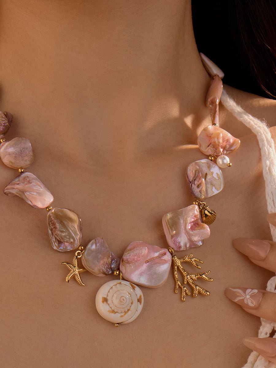 Strandstijl Roze Schelp Koraal RVS Ketting - Bellanza