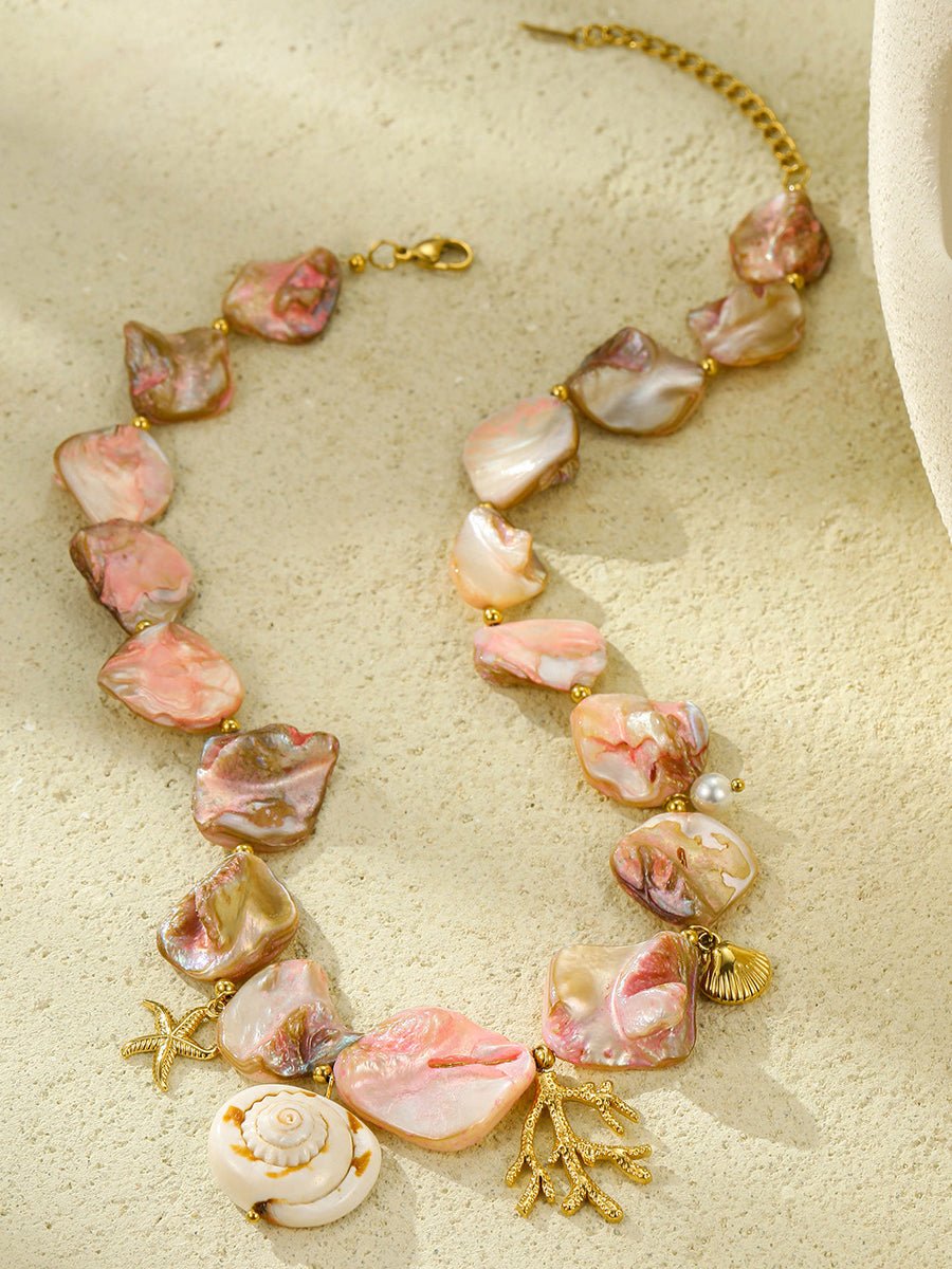 Strandstijl Roze Schelp Koraal RVS Ketting - Bellanza