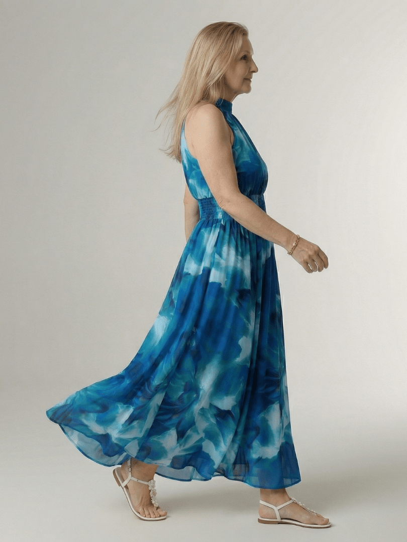 Sylin | Midi Jurk met Halternek en Rimpel Taille - Bellanza