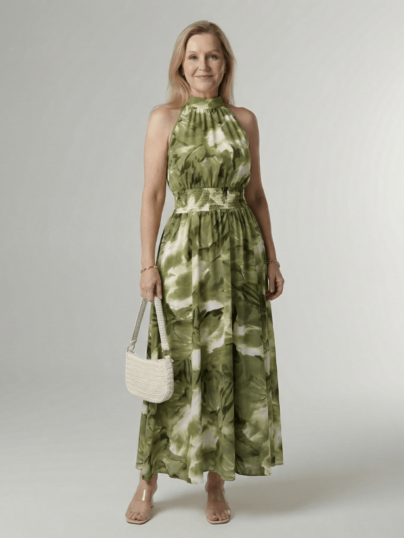Sylin | Midi Jurk met Halternek en Rimpel Taille - Bellanza