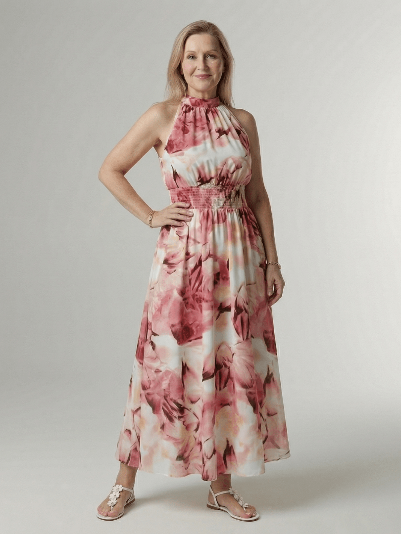 Sylin | Midi Jurk met Halternek en Rimpel Taille - Bellanza