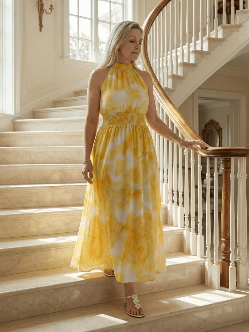 Sylin | Midi Jurk met Halternek en Rimpel Taille - Bellanza