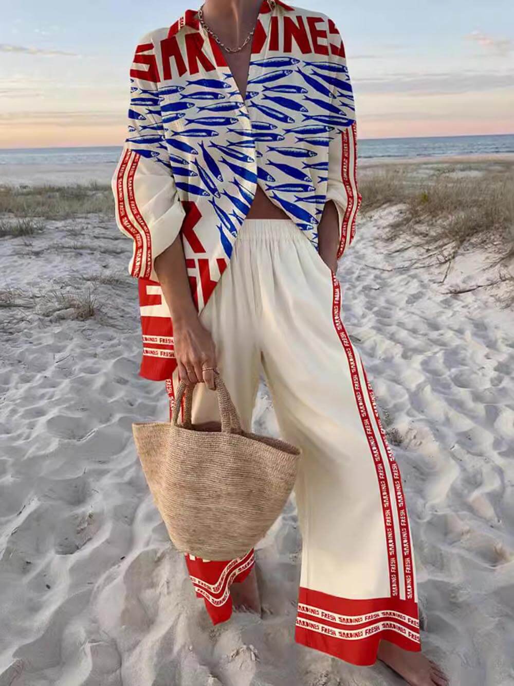 Unieke Casual Print Losse Oversized Shirt en Wijde Broek Set - bellanza