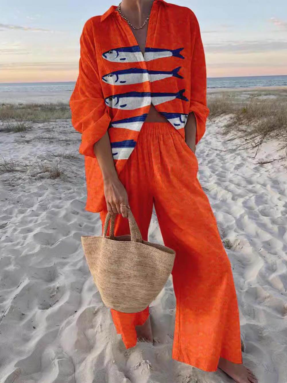 Unieke Casual Print Losse Oversized Shirt en Wijde Broek Set - bellanza