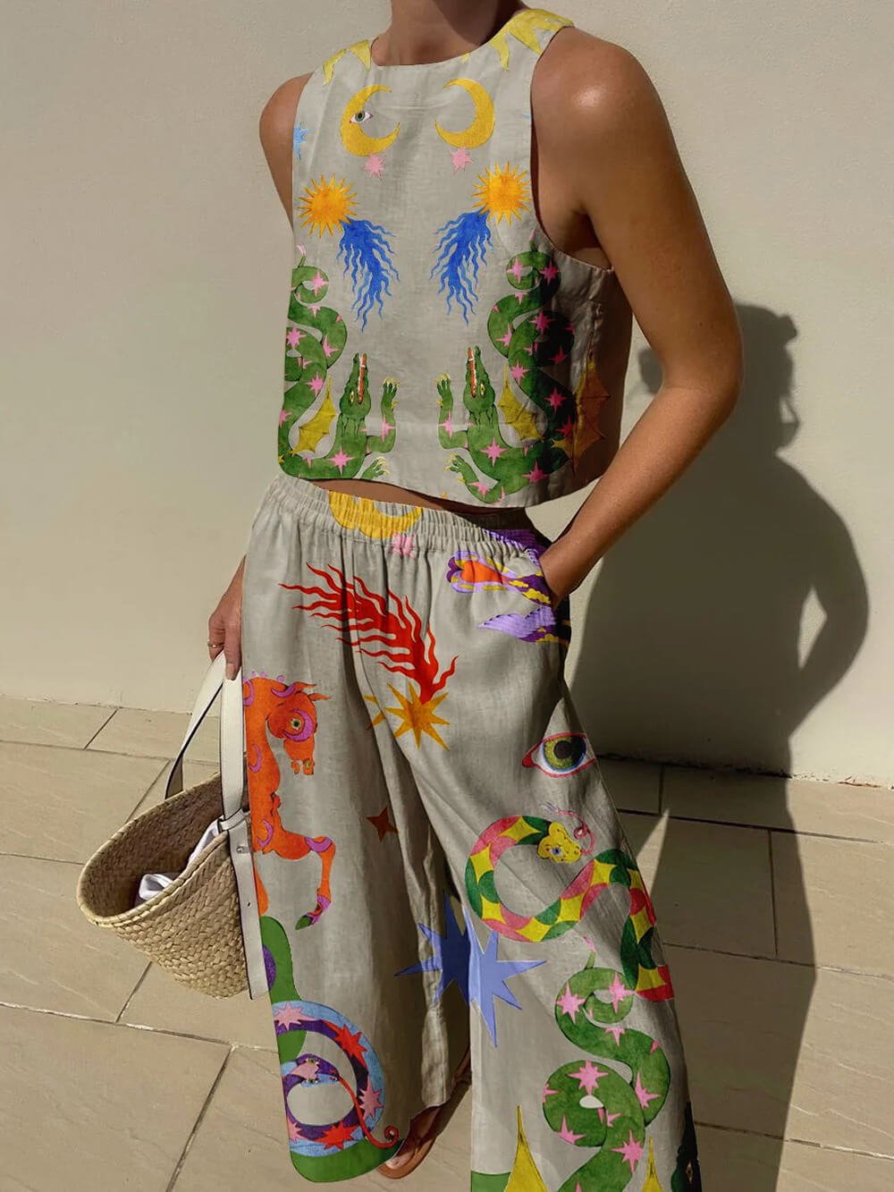 Unieke Print Tanktop En Elastische Taille Met Zakjes Broek Set - bellanza