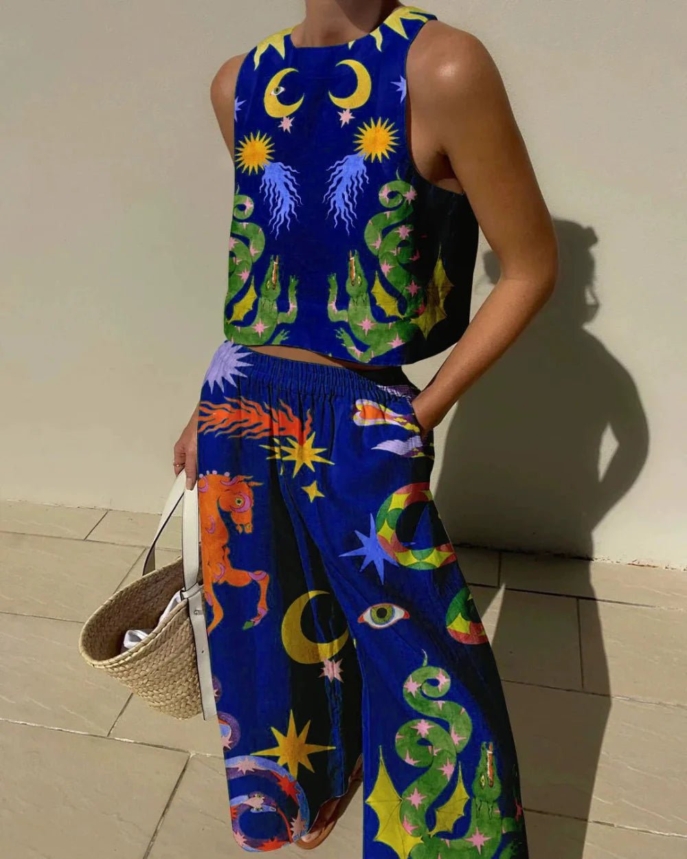 Unieke Print Tanktop En Elastische Taille Met Zakjes Broek Set - bellanza