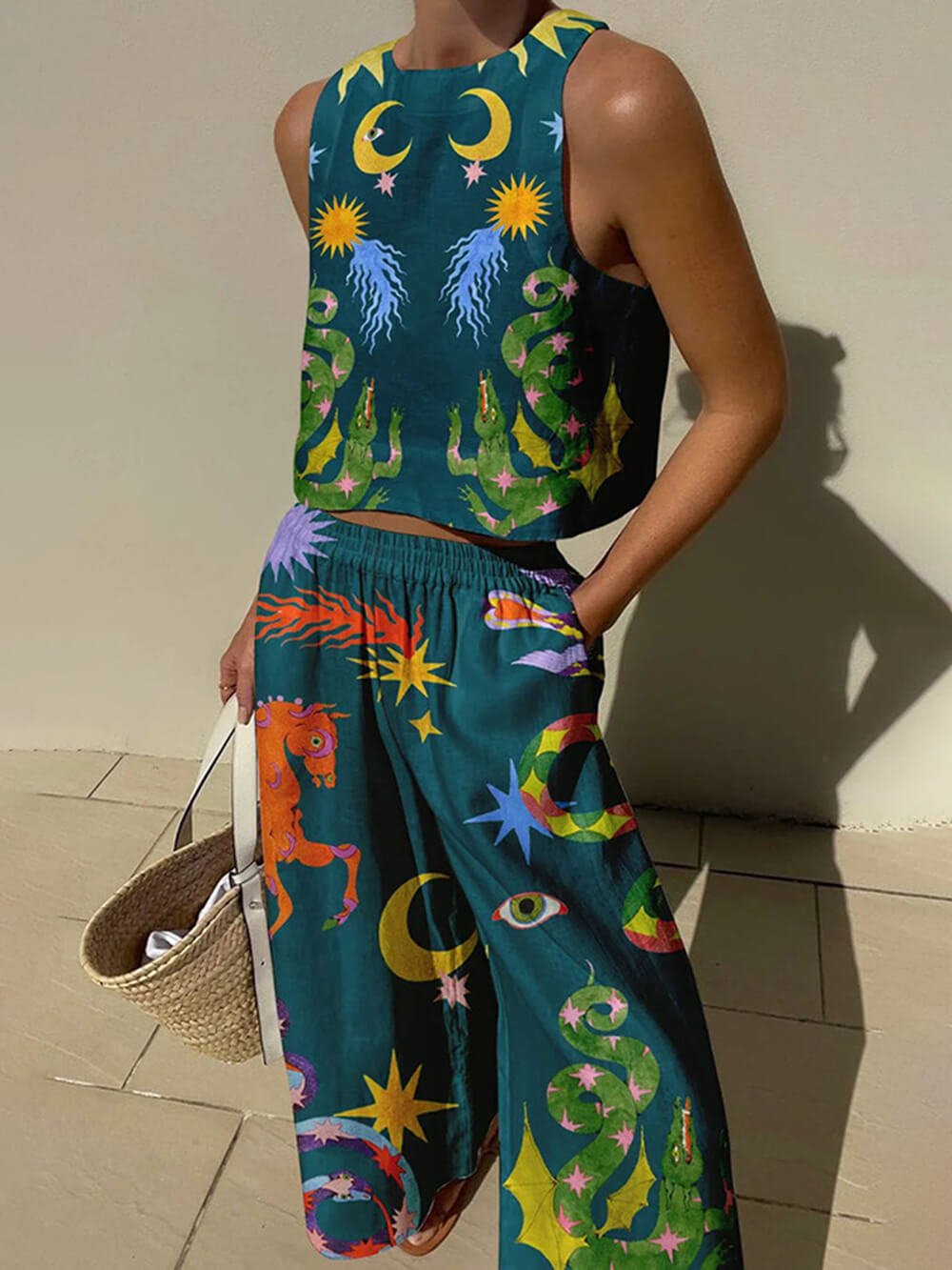 Unieke Print Tanktop En Elastische Taille Met Zakjes Broek Set - bellanza