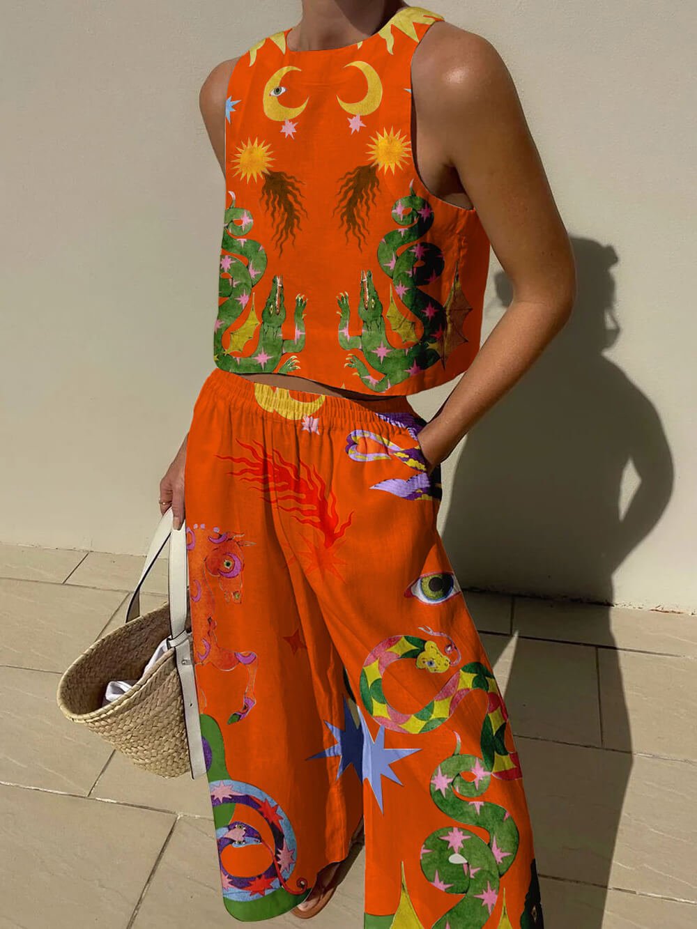 Unieke Print Tanktop En Elastische Taille Met Zakjes Broek Set - bellanza