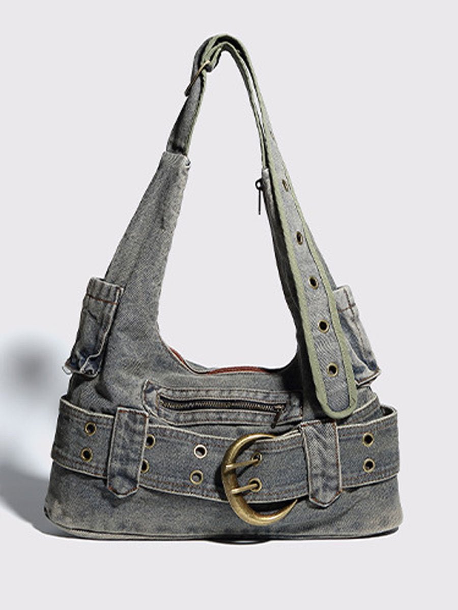 Vintage Gewassen Denim Schouder Crossbody Onderarm Tas - Bellanza