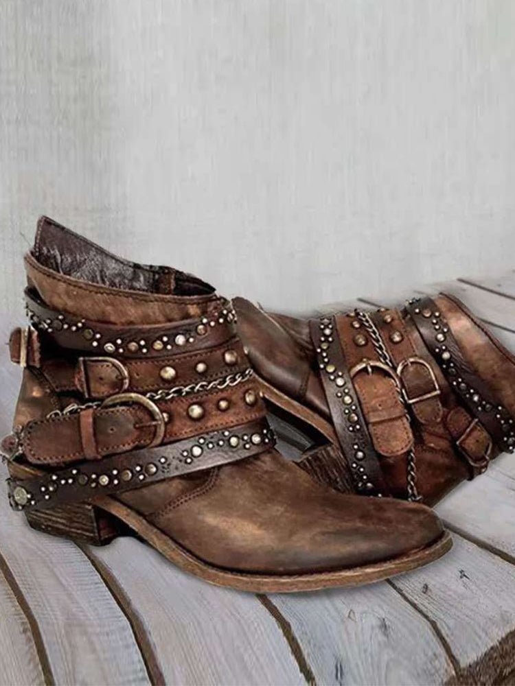 Vintage Gewassen Studded Buckles Enkellaarsjes - Bellanza