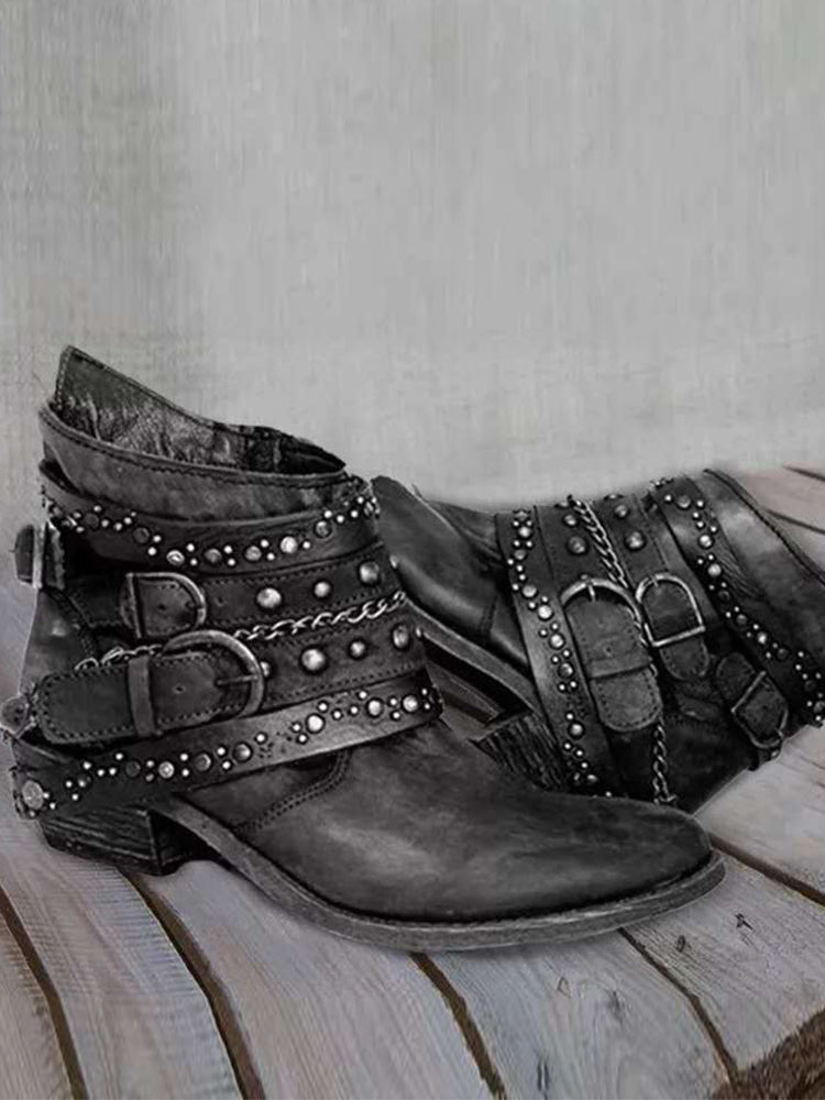 Vintage Gewassen Studded Buckles Enkellaarsjes - Bellanza