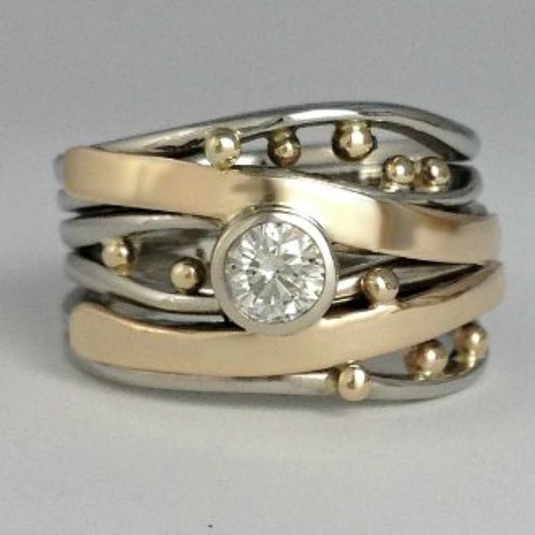 Vintage Gouden Intarsia Zirkonia Ring - bellanza