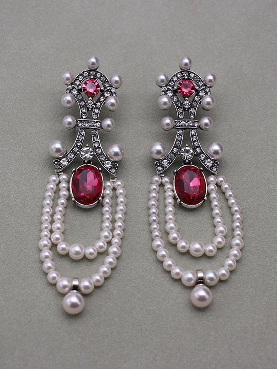 Vintage Lange Robijnparel Tassel Oorbellen - Bellanza