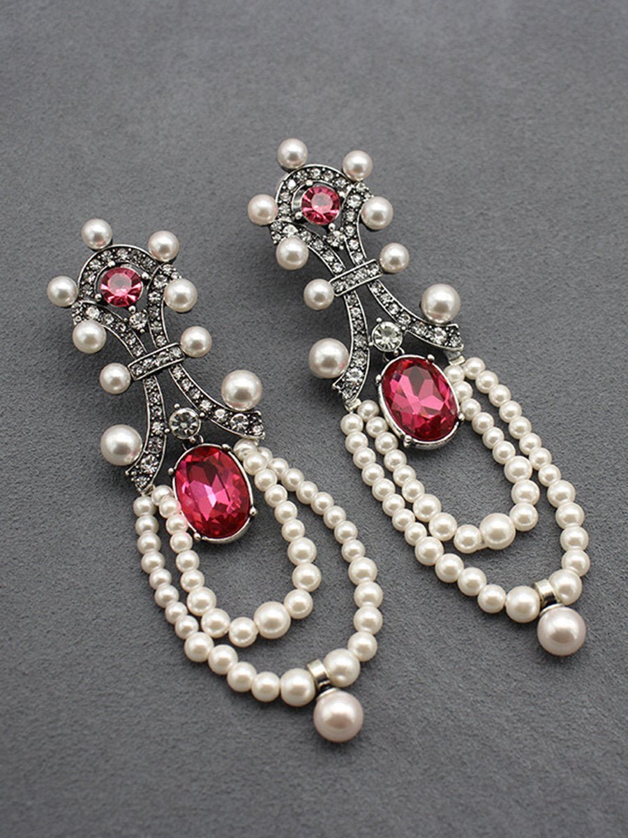 Vintage Lange Robijnparel Tassel Oorbellen - Bellanza
